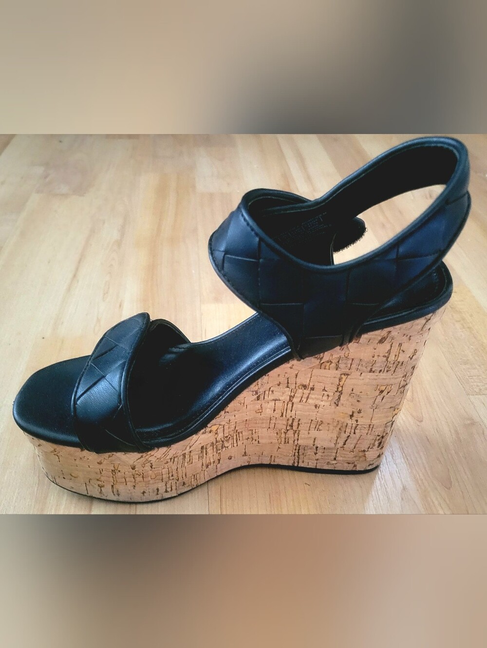 GUESS! Black Quilted Cork Wedge Sandal. Soft Padded, Quilted adjustable Straps